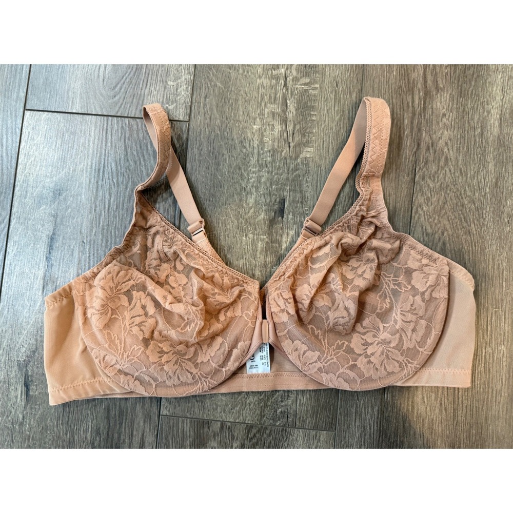 Glamorise Front Closure Lacey T-Back WonderWire Bra Nude Tan 46B